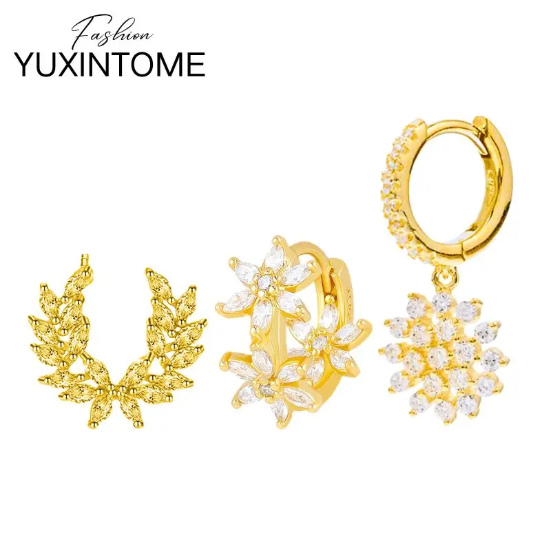 

925 Sterling Silver Needle Luxury Flowers Pendant Hoop Earrings Fashion Shiny Crystal Earrings for Women Wedding Fine Jewelry