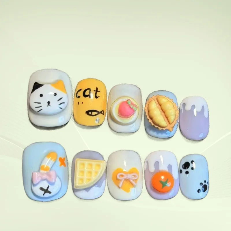 

10 Pieces Sweet and Playful Durian Cat Handmade Press On Nails Delicious Food Cartoon Cute Fake Nails Removable Reusable