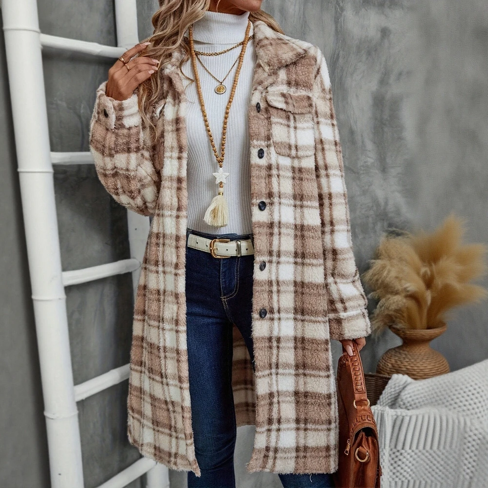 

Women's Double-Sided Plush Cardigan Coat Autumn Winter Popular Printed Tartan Long Patch Bag Button Style