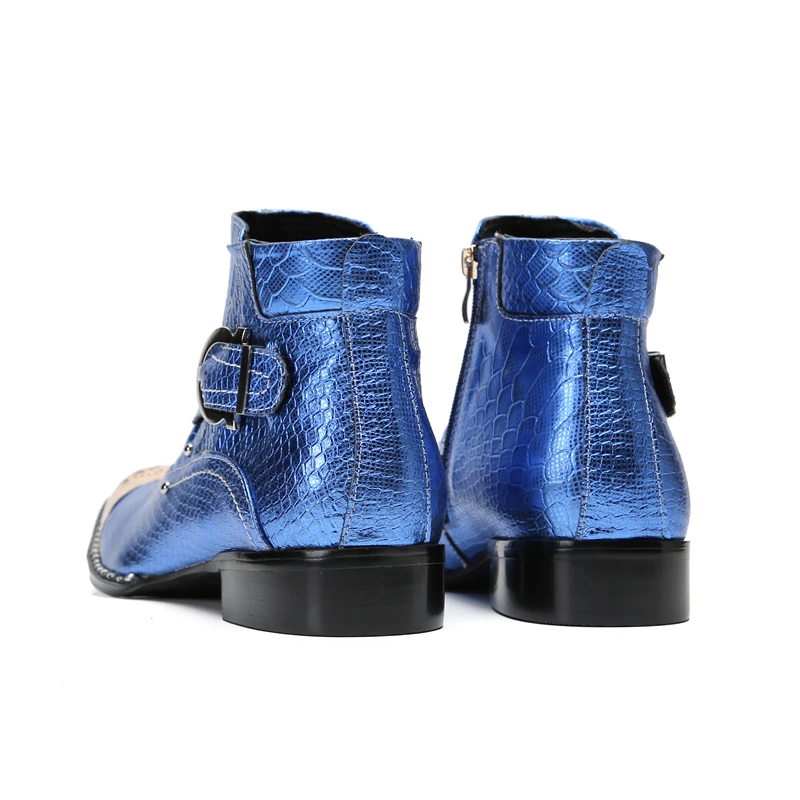 COOGERLOVE Punk Style Men Blue  Genuine Leather Boots Metal Square Toe Buckle Rivet Motorcycle Boots Winter Male Party Boots