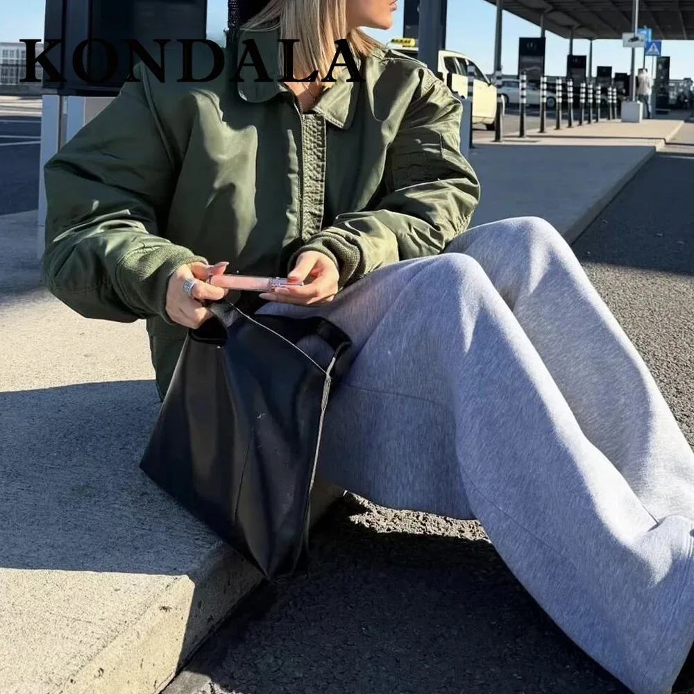 

KONDALA Chic 2025 Autumn Winter Women Motorcycle-style Jacket Zipper Pocket Loose Warm Green Coats Fashion Casual Female Outwear