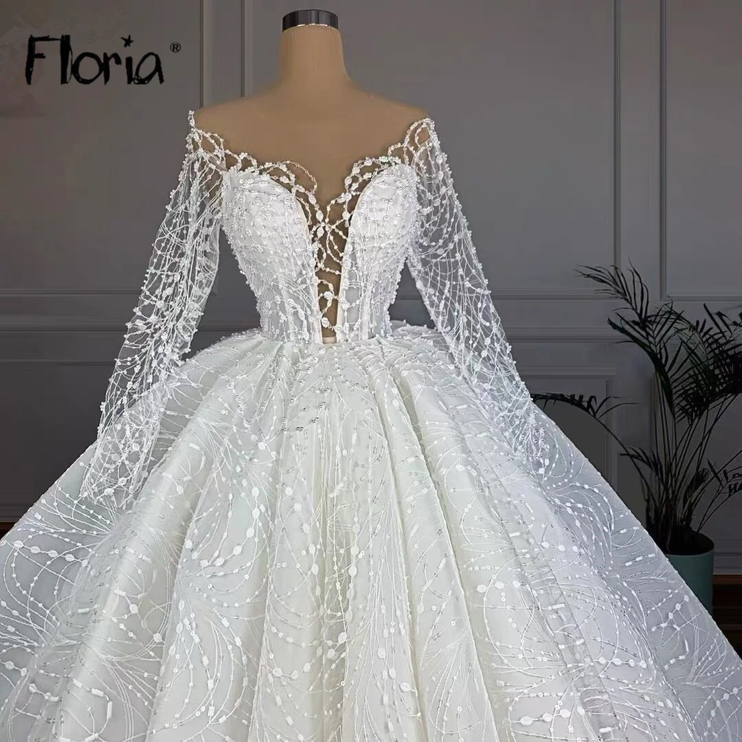 Dubai de luxo vestido de noiva de manga longa frisado brilhante v pescoço vestido de noiva vestido de baile quinceanera vestidos formal robe de mariee plus