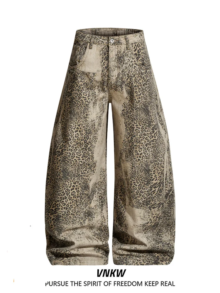 

Retro Leopard Print Canvas Work Pants Men Women Design Large ket Loose Casual Floor-Length Pants Straight Leg Zipper Sle