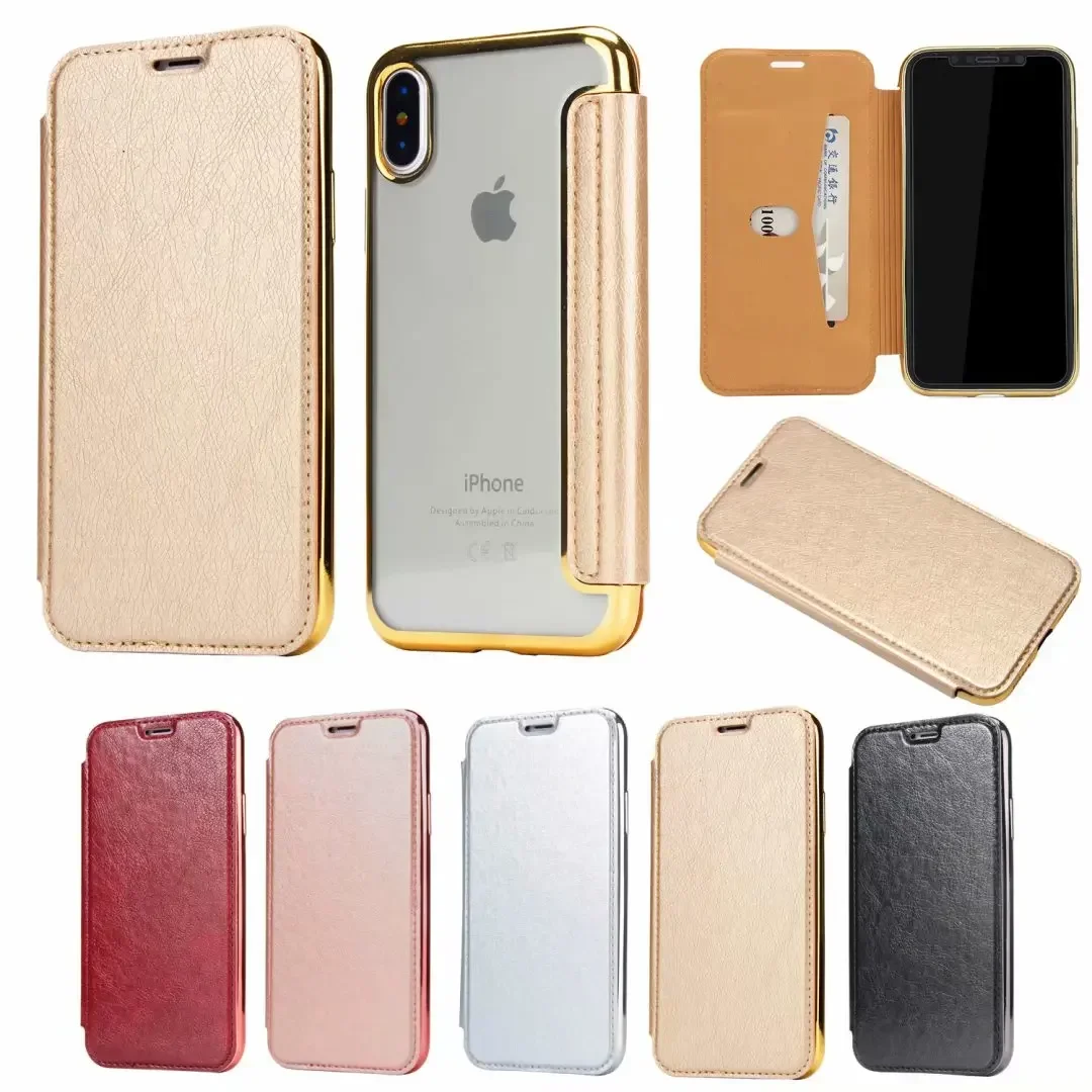 

Pu Leather Flip Card Slot Case For iPhone 16 15 14 13 12 Mini 11 Pro XS Max XR X 8 7 Plus SE 2022 Plating Edge TPU Back Cover