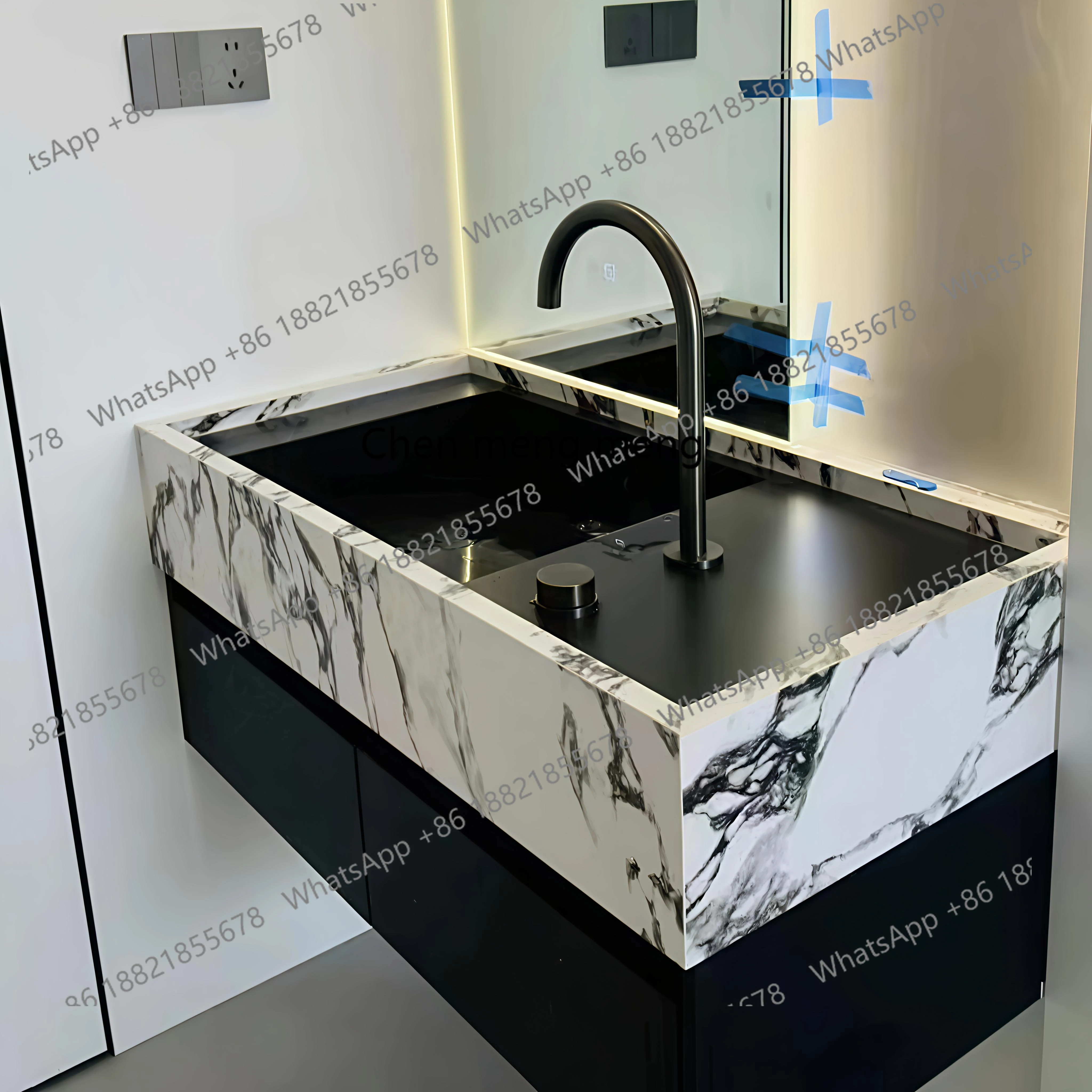 

Black rock slab seamless integrated basin light luxury bathroom cabinet combination bathroom narrow side sink