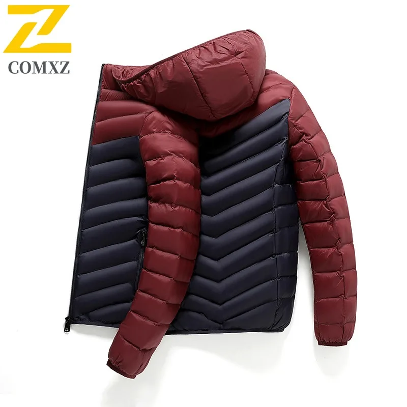 

COMXZ Men Padded Jacket Ultra Lightweight Outdoor Camping Cold Protection Parka Hooded Splicing Windproof Winter Cotton Coat
