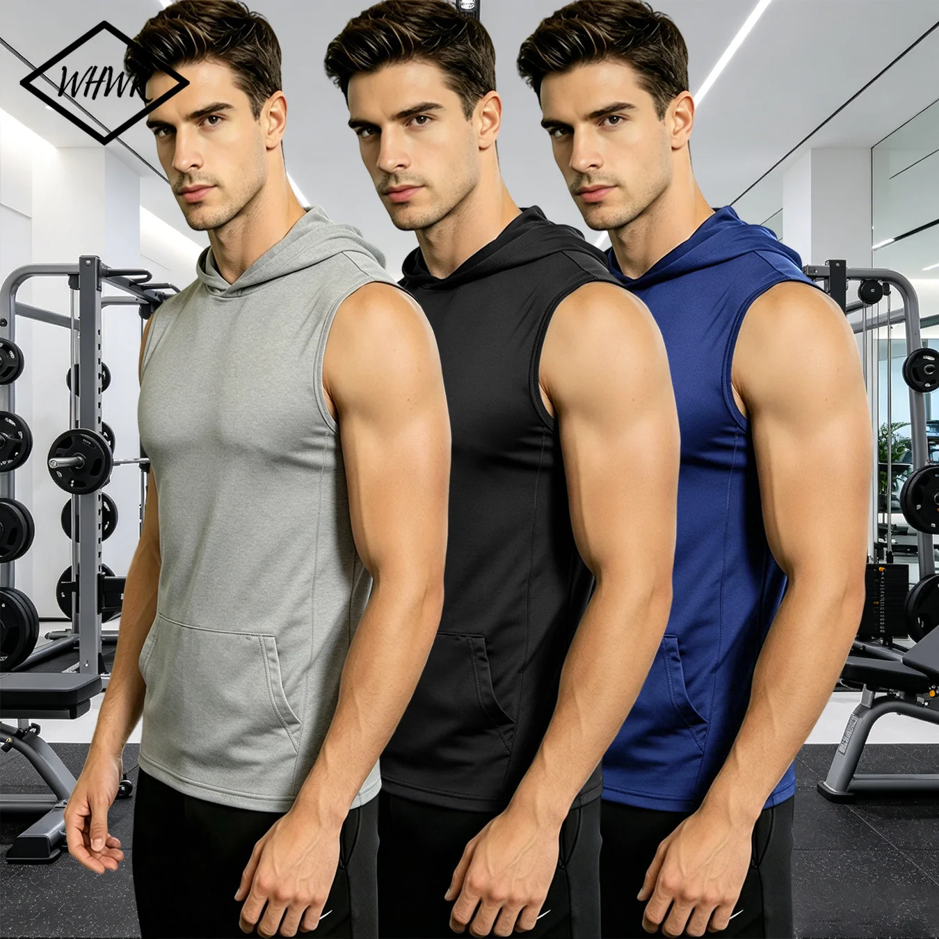 Men Sleeveless Hooded Workout Vest Solid Color Front Kangaroo Pocket Hoodie Tank Top Breathable Fitness Training Casual Male Top