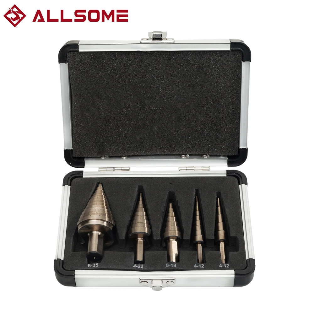 ALLSOME 5pcs Metric/Inch Hss Cobalt Step Drill Bit Set Multiple Hole 50 Sizes with Aluminum Case