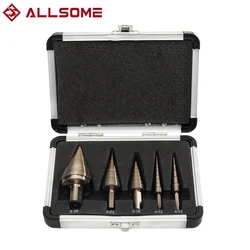 ALLSOME 5pcs Metric/Inch Hss Cobalt Step Drill Bit Set Multiple Hole 50 Sizes with Aluminum Case