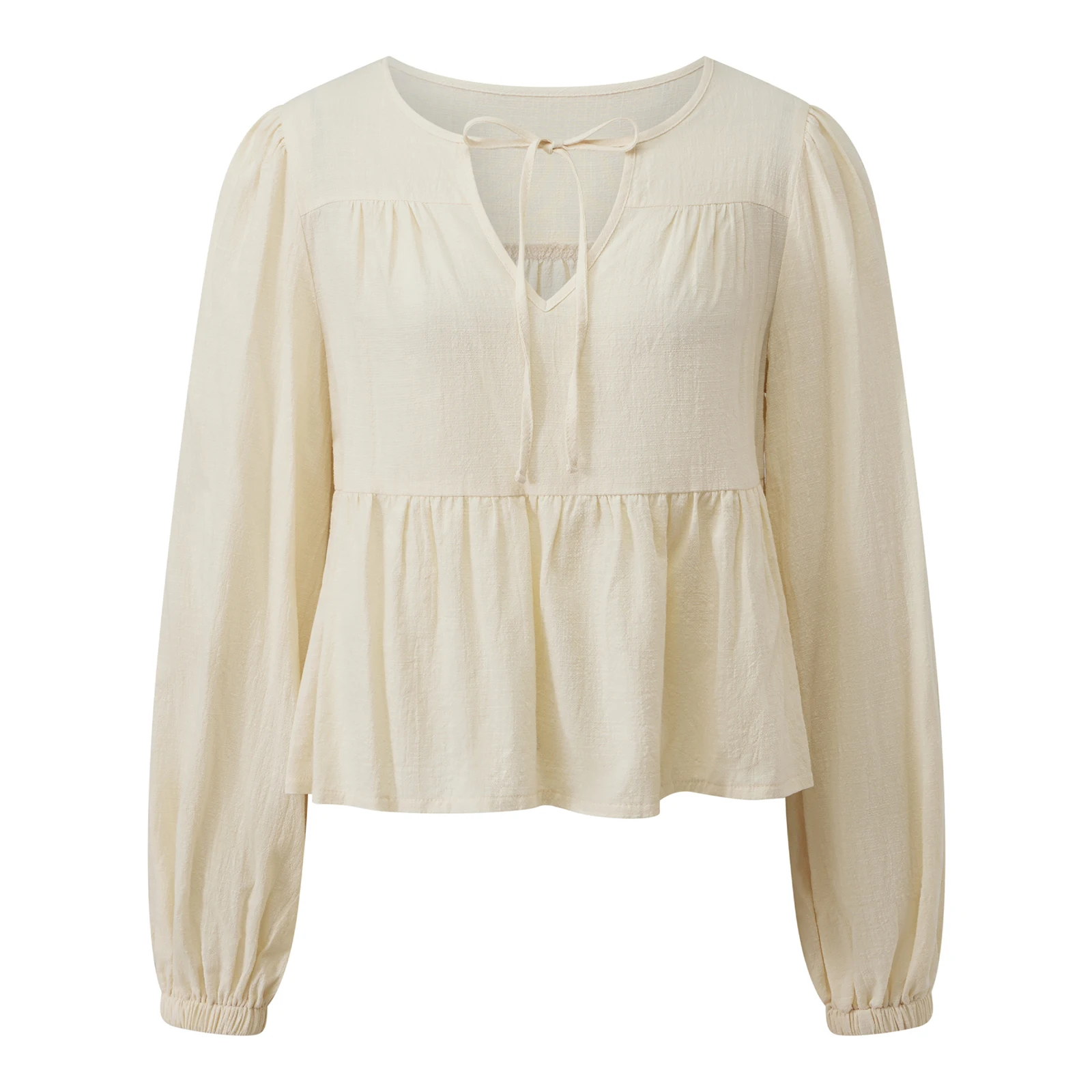 Women s V Neck Fall Tops Fashionable Solid Color Tie Up Round Neck Long Sleeve Loose Fit Ruffle Shirts