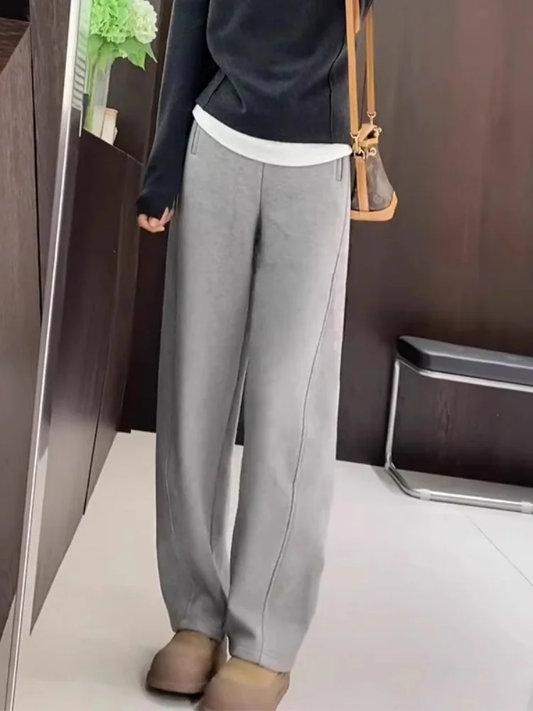 Gray High Waist Straight Leg Pants Women's Autumn Winter Thick Soft Banana Pants Commute Style Zipper Closure Comfortable Tro...