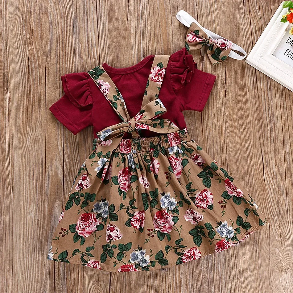 Newborn Baby Girl Clothes Set 3 6 9 12 Months Floral Bodysuit Romper Jumpsuit Tops T Shirt Suspender Skirts Bow Headband Outfit