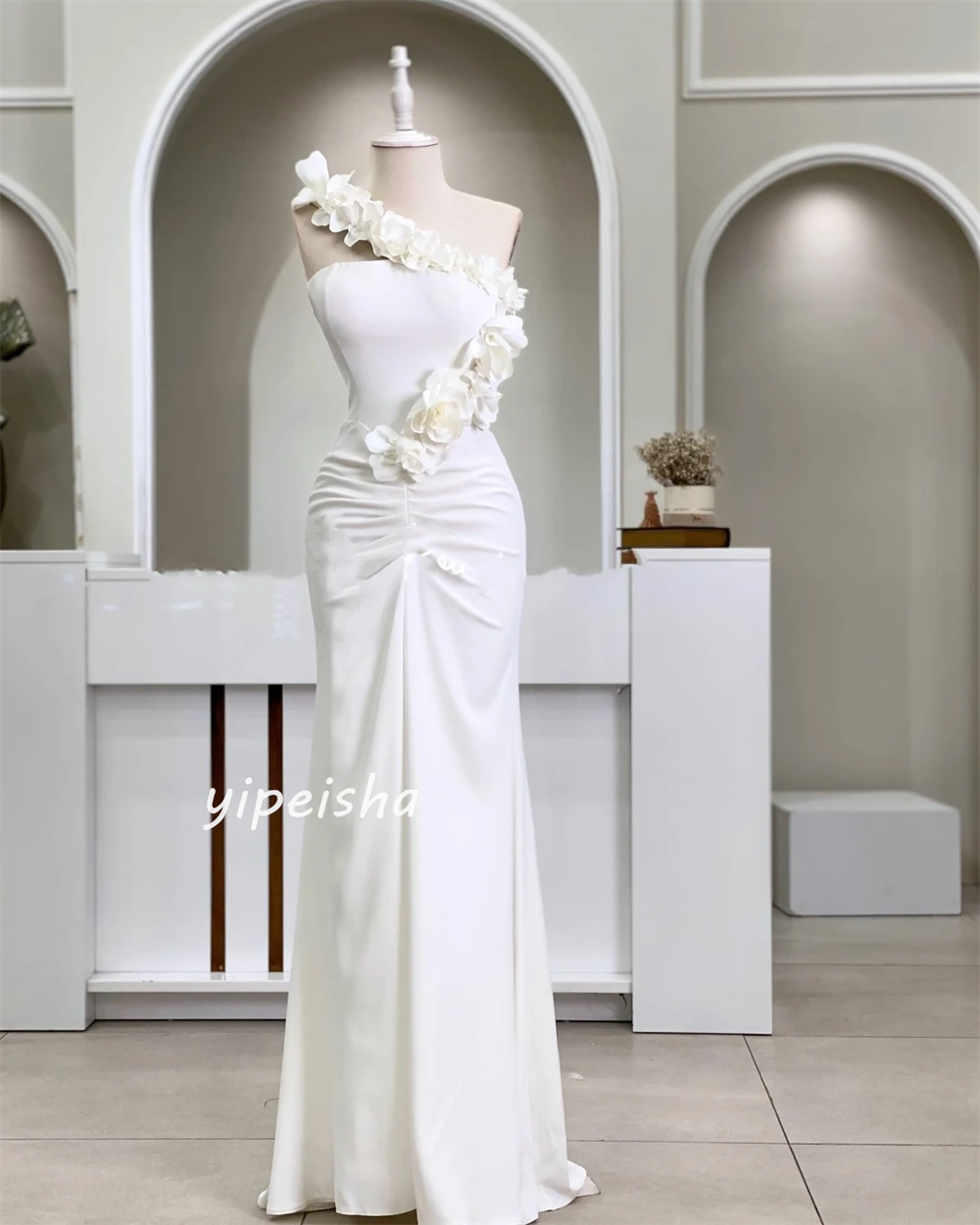 Customized Jersey Flower Ruched Birthday A-line Strapless Bespoke Occasion Gown Long Dresses