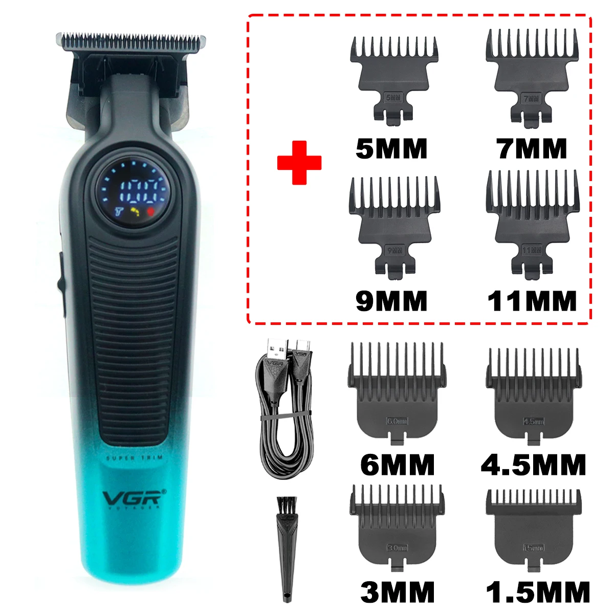 

VGR V-996 Trimmer for Men DLC T-Blade LED Display Cordless USB Oil Head Professional Hair Clipper Finishing Machine Haircut