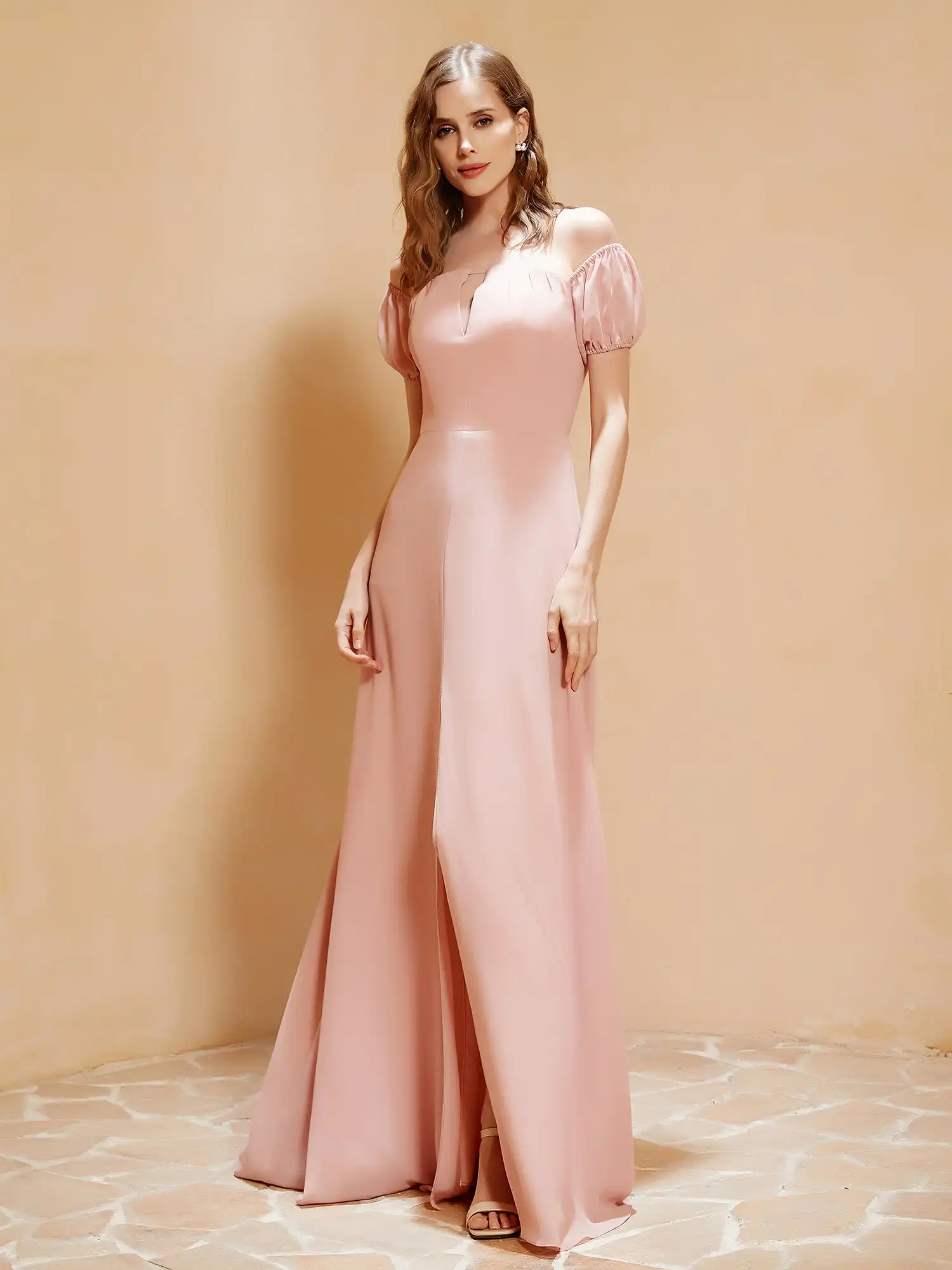 

Off The Shoulder Chiffon Bridesmaid Dress With Slit Bow Backless A-Line Wedding Cocktail Dresses Pleated Backless Evening Gowns