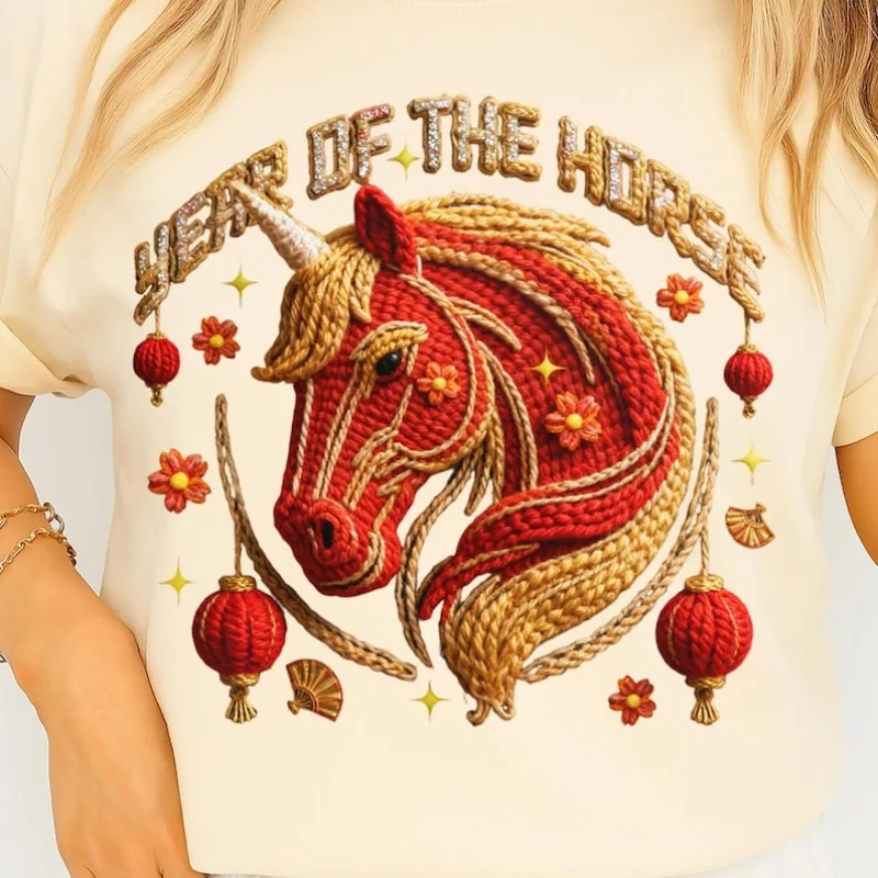 Year of The HorseChinese New Year Art Lunar Zodiac Red and Gold Horse Design Outdoors High Quality Cotton Short-sleev Crew Neck