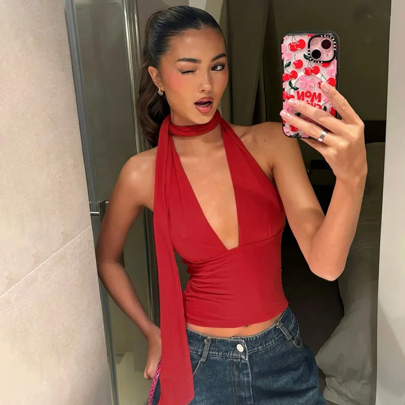 

BKLD Women Clothing 2025 Spring Summer New Sexy Halter Neck Bandage Low Cut Open Back Hollow Out Spahgetti Strap Crop Tops Solid