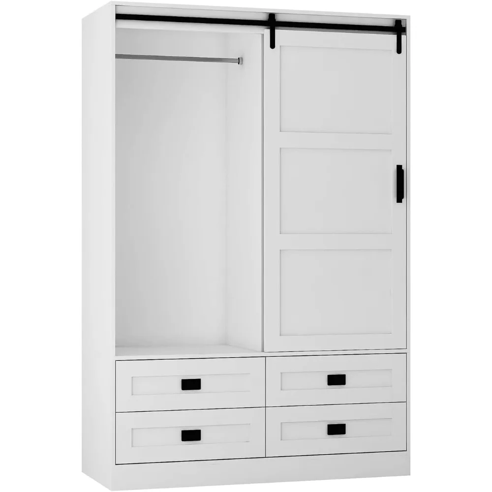 

Armoire Wardrobe Closet with Sliding barn Door，Wardrobe Cabinet with 4 Storage Drawers and Hanging Rail,Freestanding Wooden