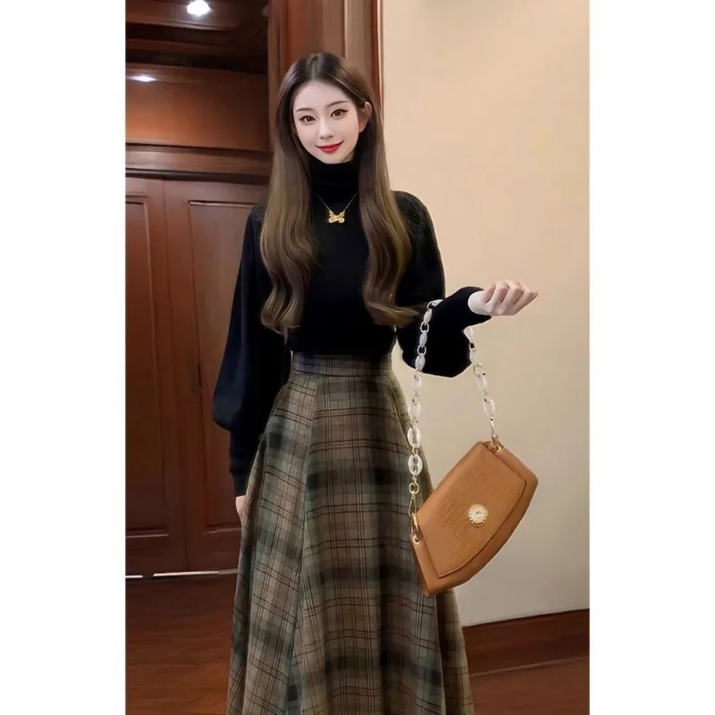 

New Retro Fashion Women's Two piece Set Autumn Winter High End Long Sleeved turtleneck Knitted Sweater + Plaid A-line Skirt Suit
