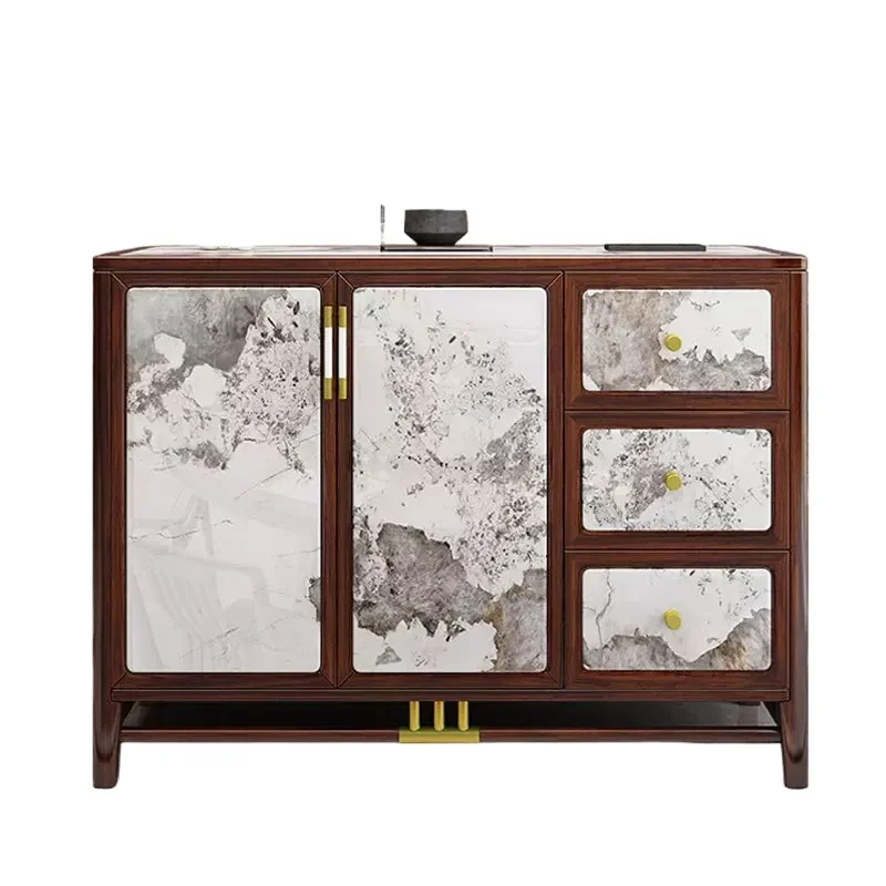 New Chinese Ebony Solid Wood Dining Side Cabinet Two Doors with Drawers Ancient Zen Tableware Cabinet Kitchen Rock Slab Tea