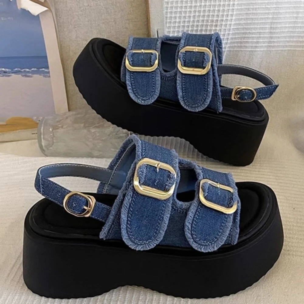 

Индивидуальные ковбойские сандалии на среднем каблуке на платформе, нескользящие универсальные тапочки с открытым носком, уличная одежда, летние шлепанцы с регулируемым поясом