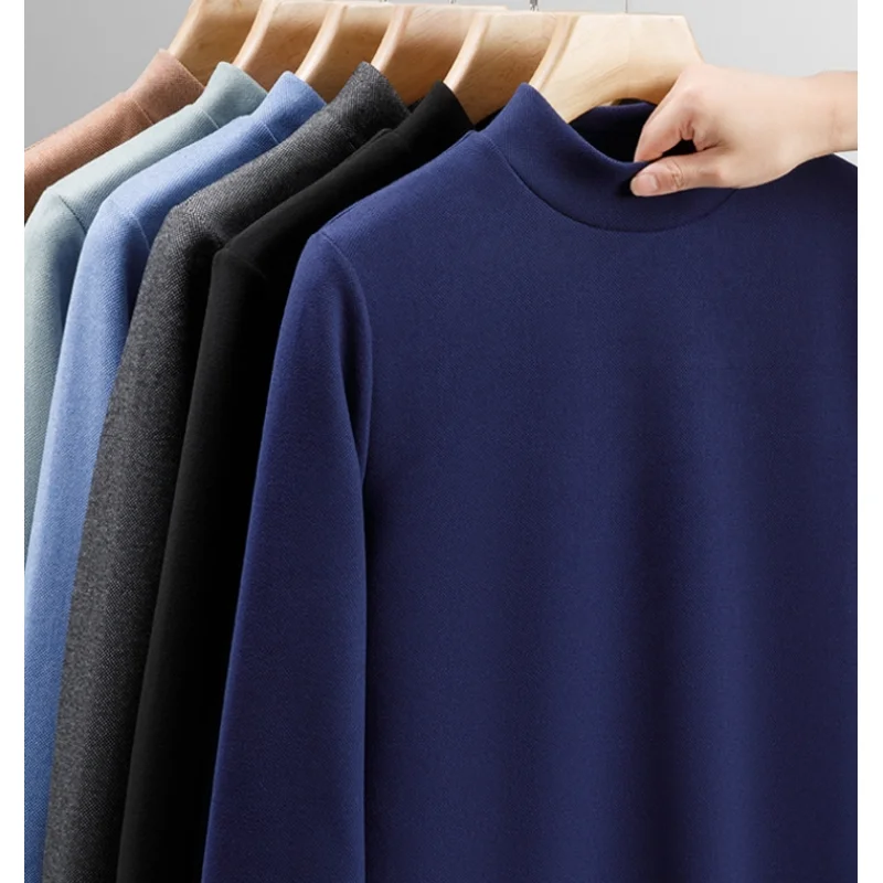 High-end Men's Mulberry Silk Wool Mock Neck Shirt 2025  Autumn Winter Thickened Warm Underwear Men's Long Sleeve Tee Tops
