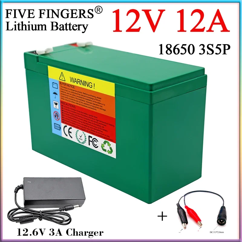 12V 12Ah 18650 Lithium Battery Pack Green 3S5P 12000mAh With BMS For Sprayer Scale Access control 12.6V Power Supply+3A Charger