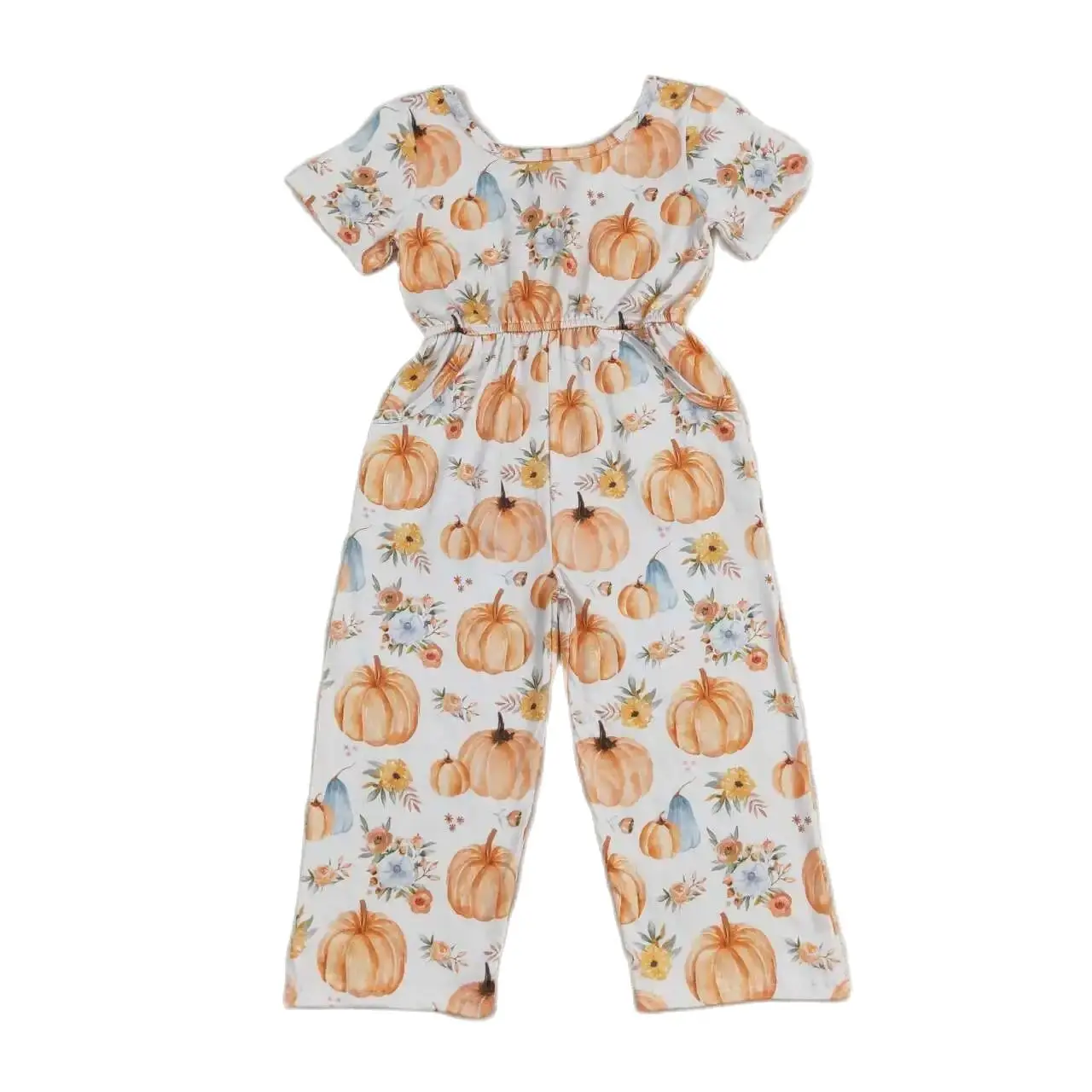 

SR1880 Fashionable And Good-Looking Girls Jumpsuits Short Sleeves Top Pumpkin Blossoms Print With Jumpsuit Children Clothes