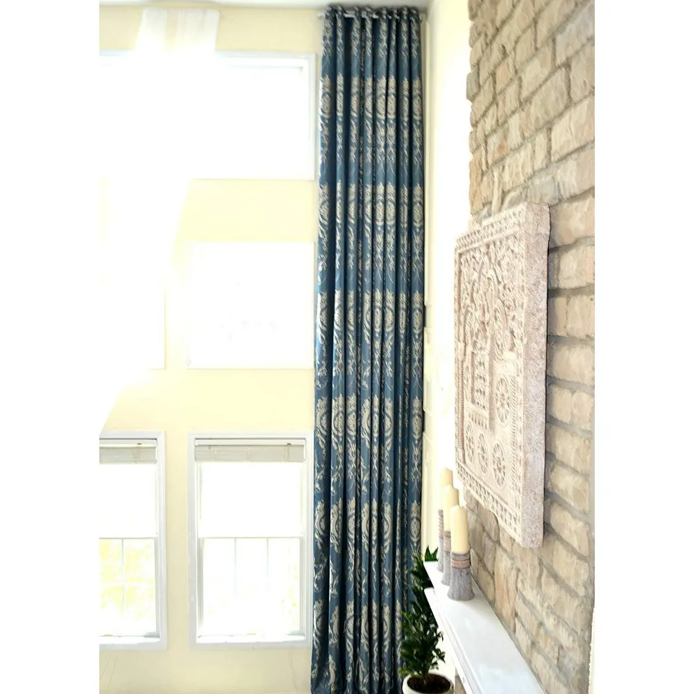 Tende jacquard extra lunghe blu grigio con motivo reale argento/oro, larghezza 100, lunghezza 16-18 piedi per installazione superiore con passacavo