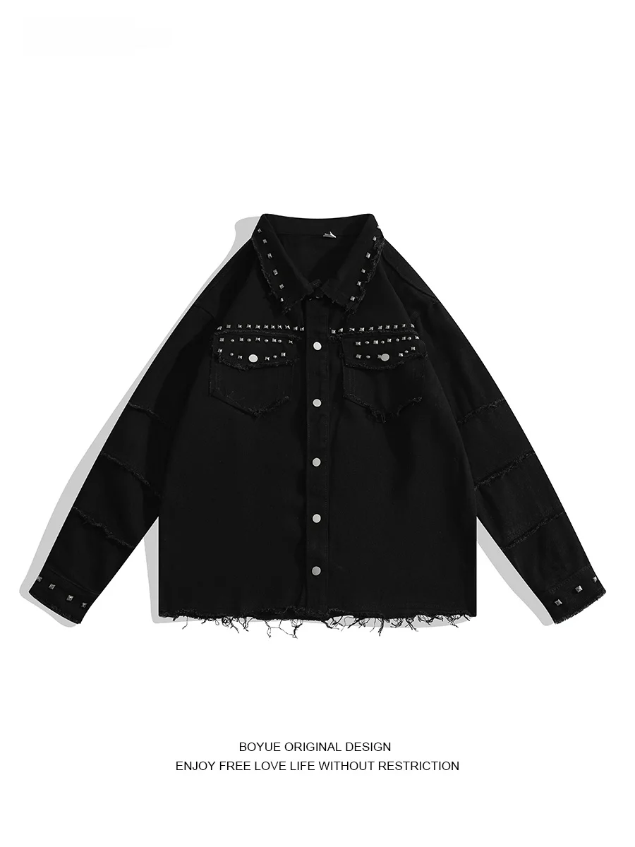 

Мужская джинсовая куртка Boyue с декоративными заклепками, молодежная, в уличном стиле, хип-хоп, с длинными рукавами, свободного кроя