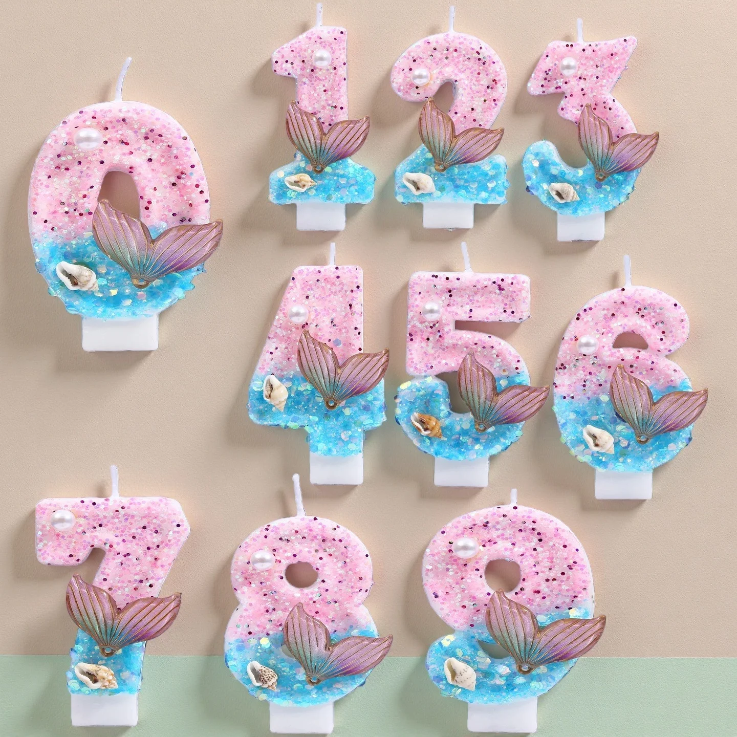Digital Birthday Candles 0-9 Pink Blue Gradient Fishtail Shell Design - Creative Cake Topper for DIY Party Decorations