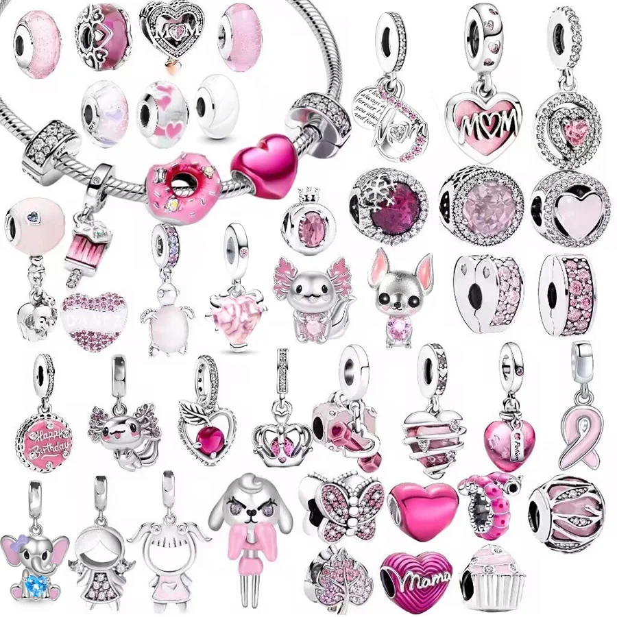 NEW Authentic Pink Original Charm Love Potion Murano Glass Heart Dangle Beads Fit European 925 Sterling Silver Bracelet Jewelry