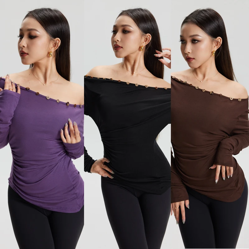 Schuine Schouder Latin Dans Praktijk Top Dames Rumba Ballroom Dans Tops Volwassenen Salsa Lange Mouwen Latin Dans Slijtage SL14621