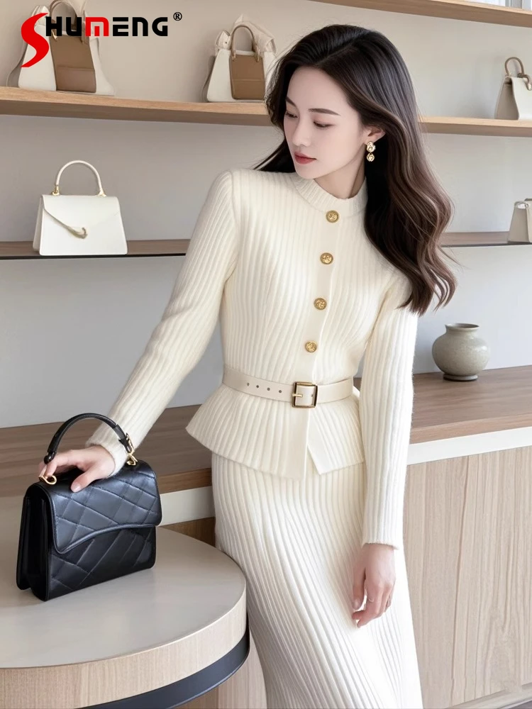 

2024 Winter High-end Femininity Socialite Small Fragrant Long Sleeve Solid Color Sweaters Skirt Sets Trendy Women's Dress Sets