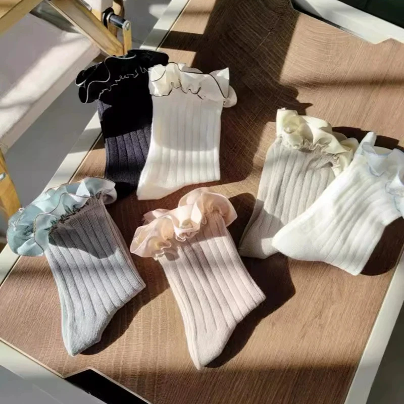 Baby Socks Cotton Newborn Tube Socks Lace Trim Ribbed Short Sock Girls Leg Warmers Spring Summer Infant Princess Sock Spanish