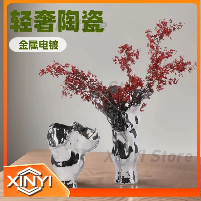 Silver Electroplated Glazed Abstract Ceramic Vase for Home Entrance Living Room Desktop High-End Flower Ware