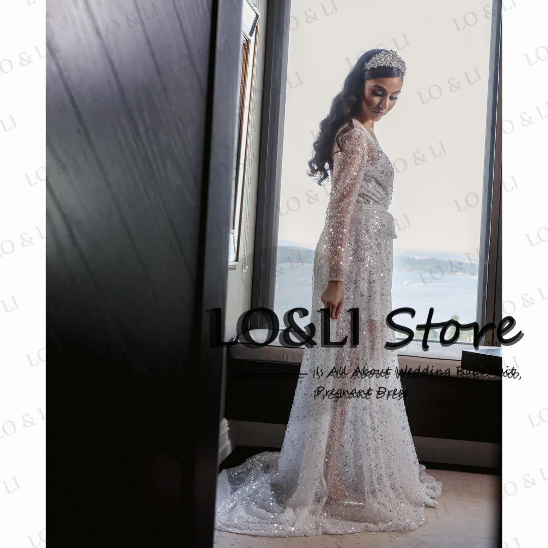 LO&LI Sequins Bridal Robe Wedding Luxury 2023 Floor Length Wedding Gown For Women Bride Customized Birthday Photo Shoot Outfit