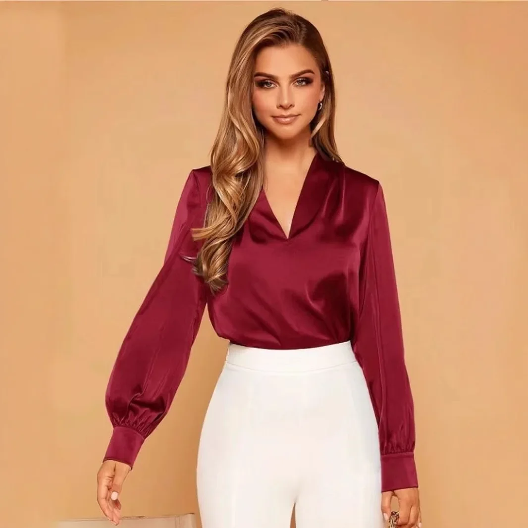 Chemise en Satin à manches longues et col en v pour femme, haut boutonné, à la mode et élégant, pour la saison d'automne