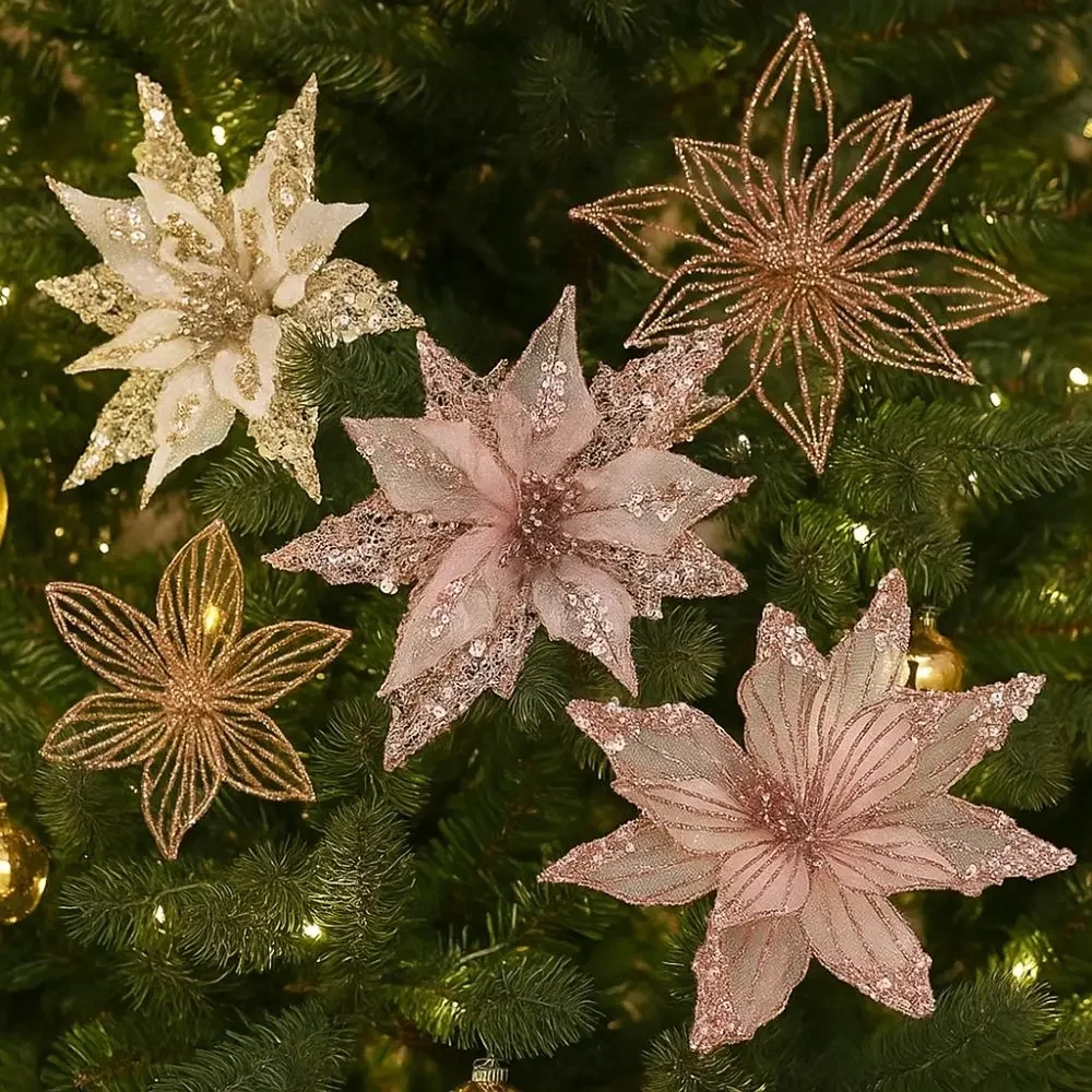 كبير بريق عيد الميلاد البونسيتة زهرة الترتر مقلد زهرة عيد الميلاد الاصطناعية اليدوية الحرفية واقعية #2