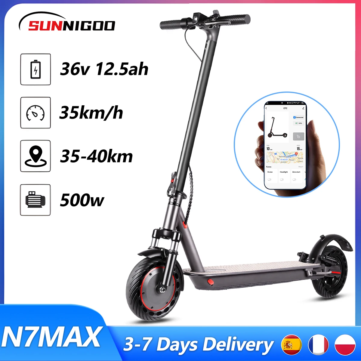 SUNNIGO N7MAX Elektroroller 500W Motor 36V12,5Ah 35KM/H Höchstgeschwindigkeit Pendler-E-Scooter mit Großer Reichweite und Stoßdämpfung APP-gesteuert