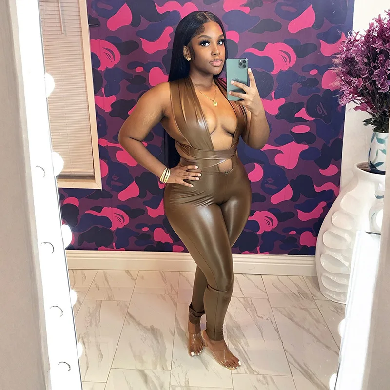 

Женский сексуальный обтягивающий комбинезон из искусственной кожи с открытой спиной и перекрестной повязкой, глубокий v-образный вырез, без рукавов, персиковые бедра, тонкий комбинезон для ночного клуба, комбинезоны