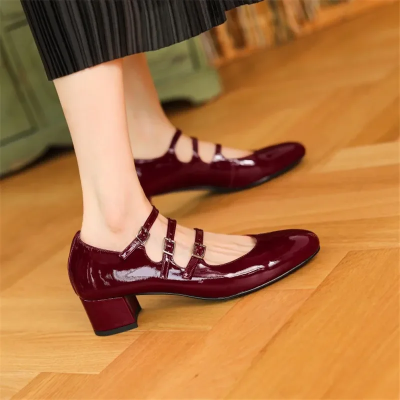 New Spring/summer Mary Jane Shoes Patent Leather Woman Shoe French Square Toe Thick Heel Shoes Women Buckle Strap Commute Pumps