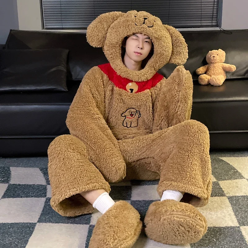 Women bodysuit  cartoon Dog Coral Velvet Men Nightgown Cute Korean Pajamas Hooded Funny Anime Sleepwear boyfriend Homewear