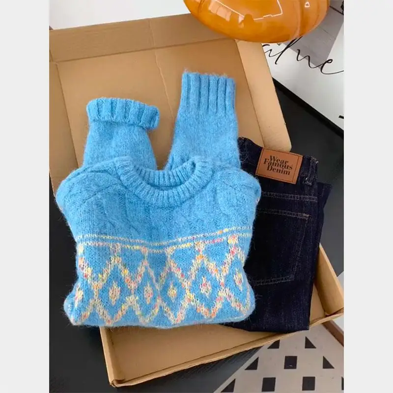 

Autumn Winter Soft Plu Feeling round Ne Knitted Sweater Women's Comfortable Lazy Sle Bear Fur Texture Tassel Detail