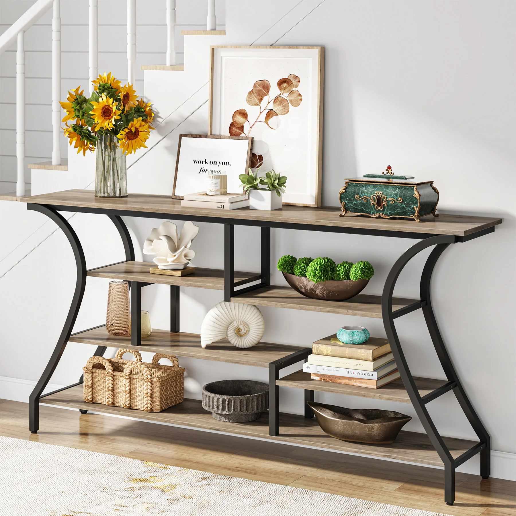 Tribesigns 70.9 Inch Extra Long Console Table, Narrow Sofa Table with Storage Shelves, 4 Tier Entryway Table Behind Couch