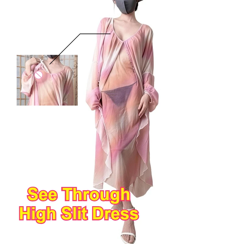 Woman See-Through High Slit Cami Dress Set Couple Date Chest Expose Super Thin Slip Dress Panties Lingerie Outfit Hollow exposed