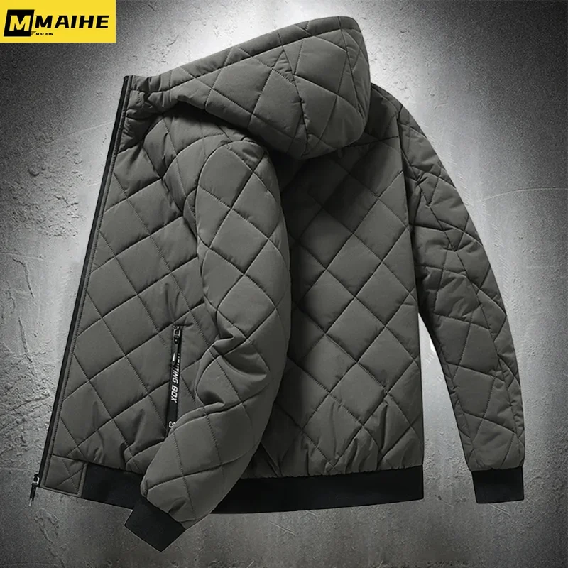 Jaqueta de algodão acolchoada masculina com capuz, textura losango, parkas casual, plus size, outono, inverno, roupas da moda, 5XL