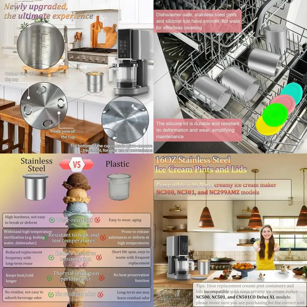 

Stainless Steel Cups Set, 4-Pack, 16oz, Suitable for Creami Containers, Compatible with Various Models