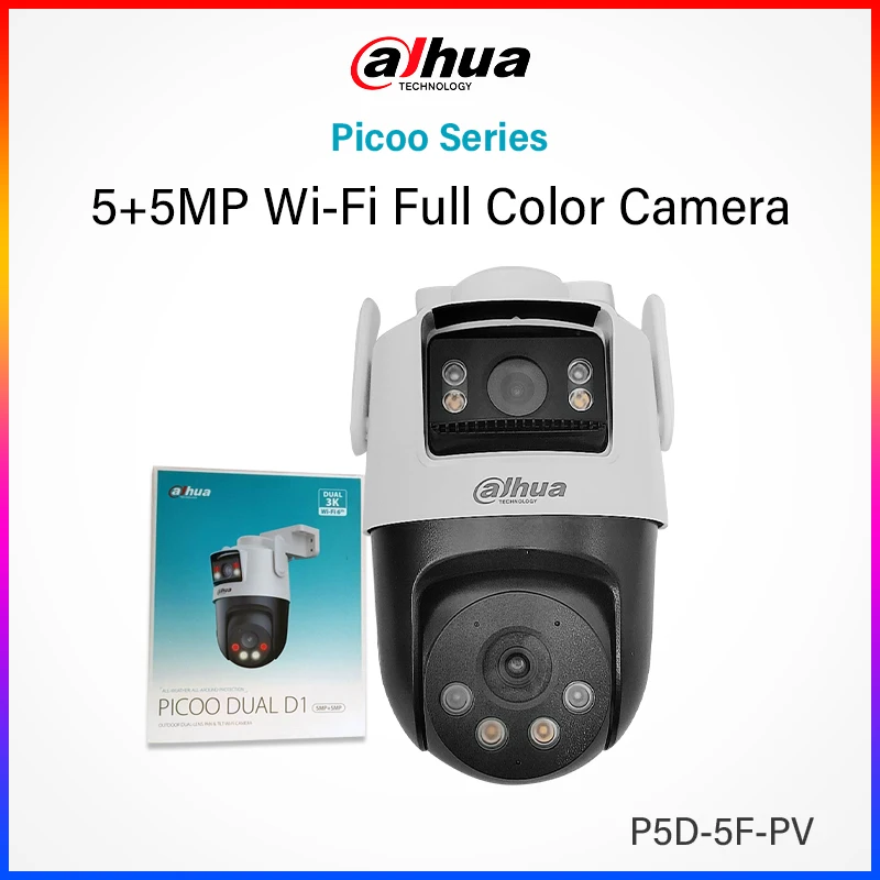 Dahua 5+5MP Smart Home WiFi PT Camera 2.8mm+6mm Dual Lens Vision Ai Detection Auto Tracking Sound &  Light Alarm Picoo P5D-5F-PV