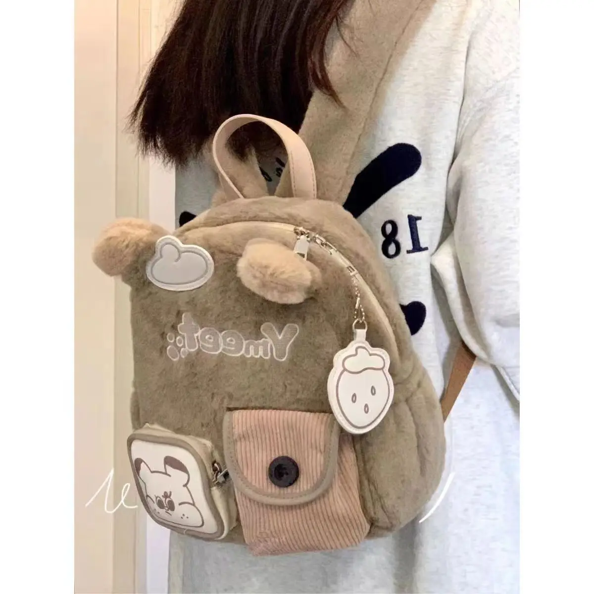 Women Winter Y2k Fluffy Bear Backpack Korean Fashion Small Cute Plush School Bag Preppy Style Mini Travel Bags for Children New